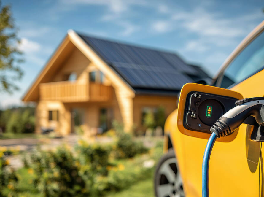 photo d'une voiture électrique en charge, en arrière-plan une maison équipée de panneaux solaires sur le toit - Yélé Consulting
