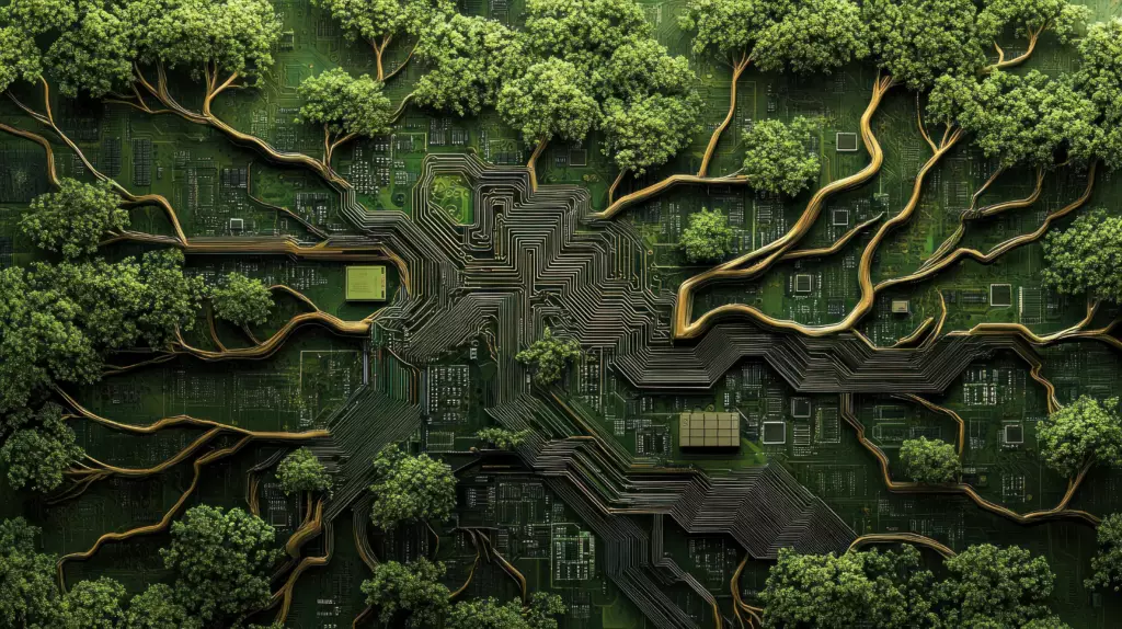 Un mélange de nature et de technologie, représentant des arbres entrelacés avec des motifs de circuits. - Yélé Consulting