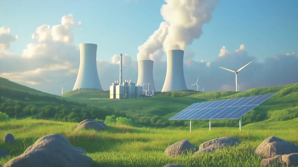 Sources d'énergie renouvelables, y compris des éoliennes et des panneaux solaires à côté d'une centrale nucléaire émettant de la vapeur - bas carbone - climat - gaz - politique énergétique - réchauffement climatique - réseaux électrique - Yélé Consulting