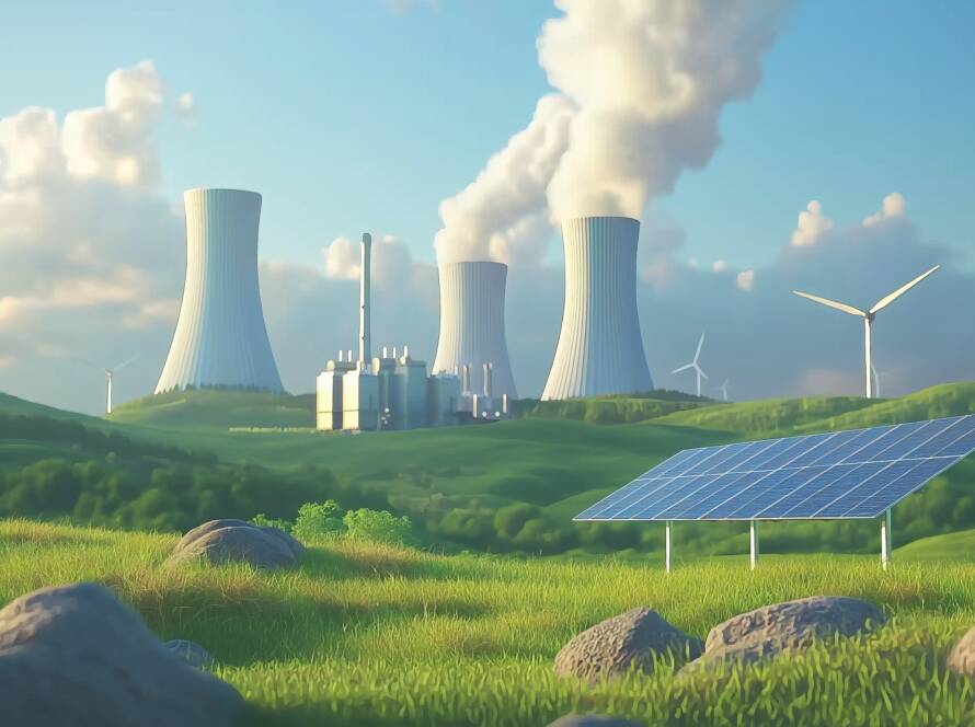 Sources d'énergie renouvelables, y compris des éoliennes et des panneaux solaires à côté d'une centrale nucléaire émettant de la vapeur - bas carbone - climat - gaz - politique énergétique - réchauffement climatique - réseaux électrique - Yélé Consulting