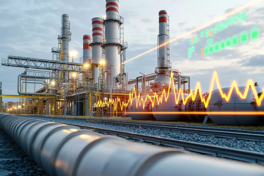 pôle énergétique futuriste avec néons et affichage holographique du prix du gaz - Yélé Consulting