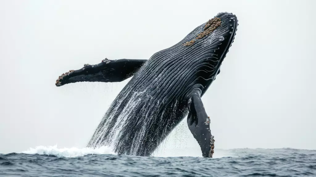 Une baleine majestueuse perçant la surface sur un fond blanc - Yélé Consulting