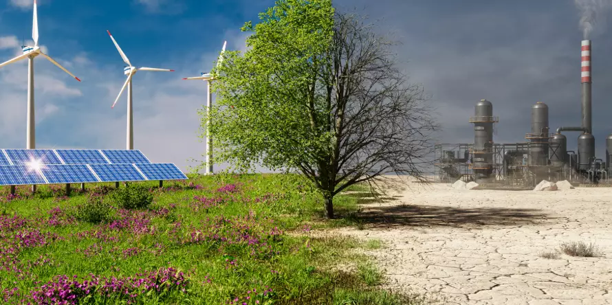 Concept de changement climatique. Arbre en deux parties, énergie verte et nature saine, et pollution industrielle et énergie conventionnelle. - Yélé Consulting